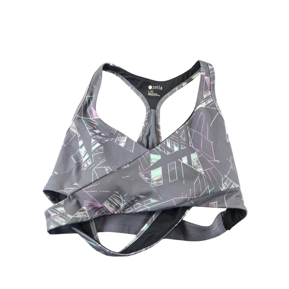 Zella Womens Gray Geometric Print Racerback Wrap Front Sports Bra Large L